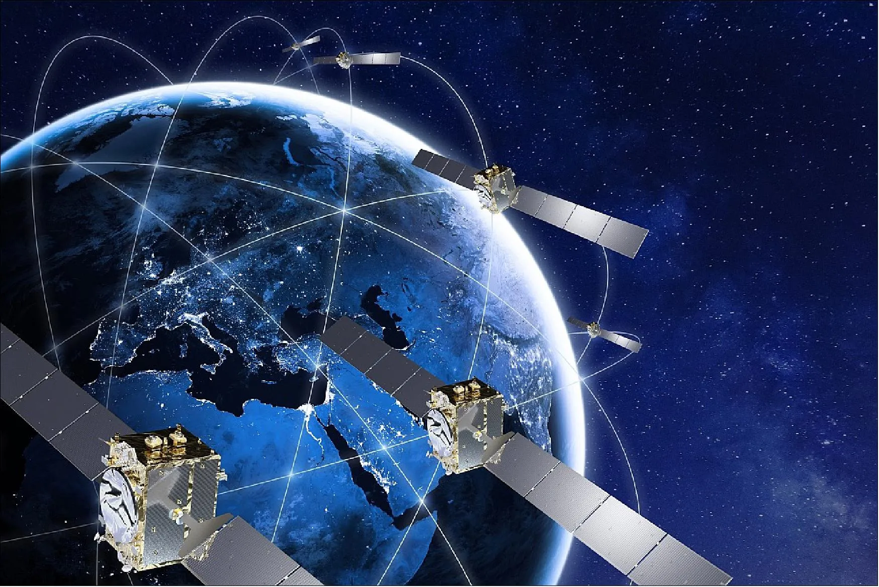 A navigation satellite in orbit above Earth, representing a Galileo Second Generation spacecraft