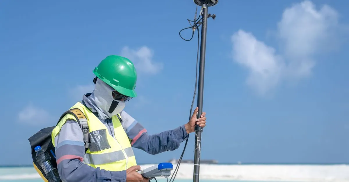 A surveyor holding a GNSS rover pole and controller, the kind of receiver that runs real-time kinematic positioning